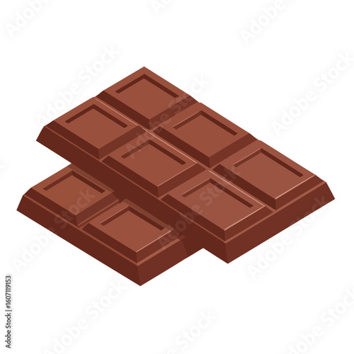 Isometric view of two stacked milk chocolate bars with smooth, segmented squares.