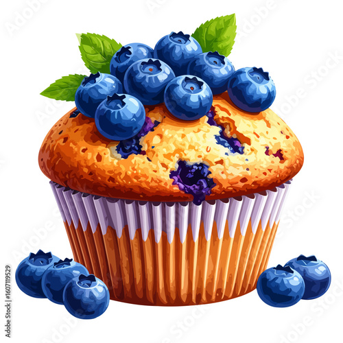Illustrated golden blueberry muffin topped with fresh ripe berries and mint leaves.