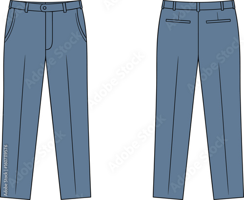 Men’s formal office trousers flat vector illustration, front and back view CAD template for fashion design, garment sketch technical drawing