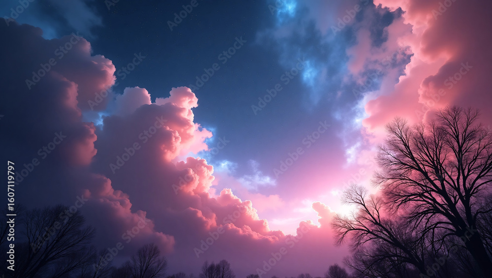 Fototapeta premium Fluffy pink clouds frame a glowing sky, with silhouetted trees in the foreground.