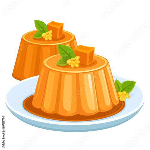 Two glossy orange fluted puddings with fruit cube and flower garnish, served on a plate with sweet sauce.