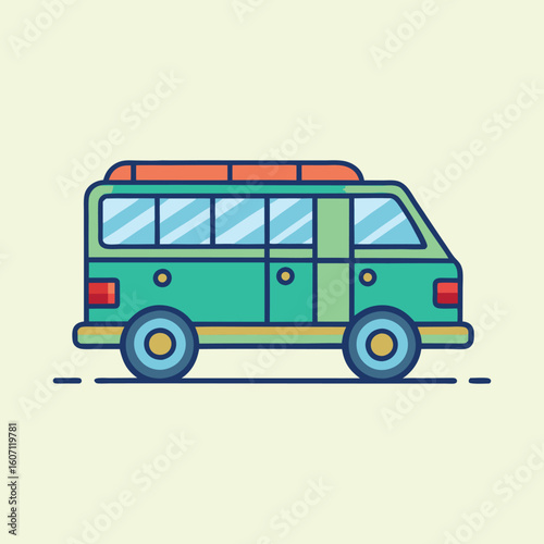 Retro camper van illustration with a teal body and orange roof