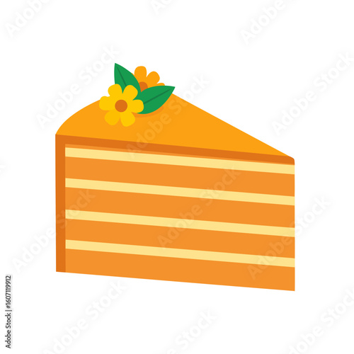 Slice of orange layer cake with yellow cream filling, topped with a floral garnish.