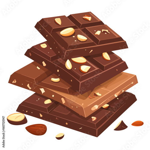 A stacked tower of dark and milk chocolate bars, generously studded with whole and sliced almonds, in a clean vector illustration style.