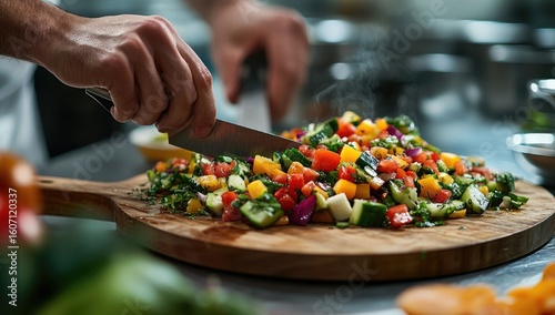 Chef's hands expertly chop colorful vegetable mix on a wooden board
