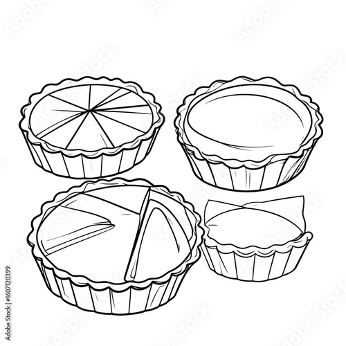 A collection of hand-drawn pies in black and white line art, showing whole, sliced, and empty crusts.