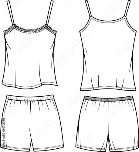 Women's camisole and shorts sleepwear flat sketch, vector fashion illustration of lace trim nightwear set front and back view