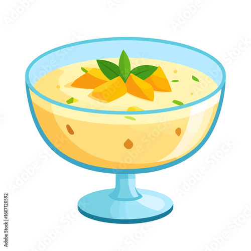 A stylized illustration of a creamy mango pudding in a blue glass bowl, topped with fresh mango chunks and mint leaves.