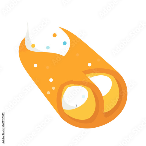 Golden Sicilian cannoli pastry with creamy ricotta filling and colorful sprinkles, flat vector illustration.
