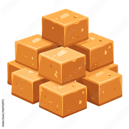 A pyramid stack of smooth, glossy golden-brown caramel candy cubes.