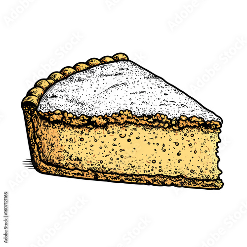 Hand-drawn slice of custard pie with a fluted crust, topped with powdered sugar.