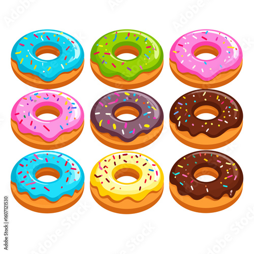 Collection of nine colorful cartoon donuts with glossy glaze and sprinkles.