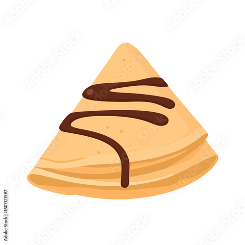 Golden-brown French crepe folded into a triangle and drizzled with glossy chocolate sauce.