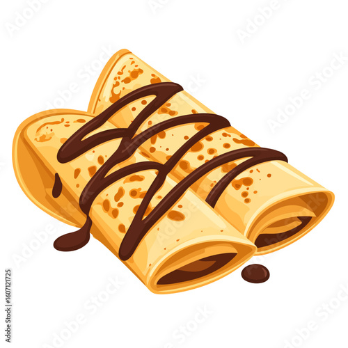 Illustrated sweet breakfast crepes, rolled and filled, with a generous drizzle of dark chocolate topping.