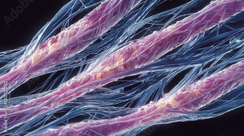 Medical illustration depicting muscle fibers weakening and limbs becoming floppy due to anterior horn cell loss in spinal muscular atrophy.