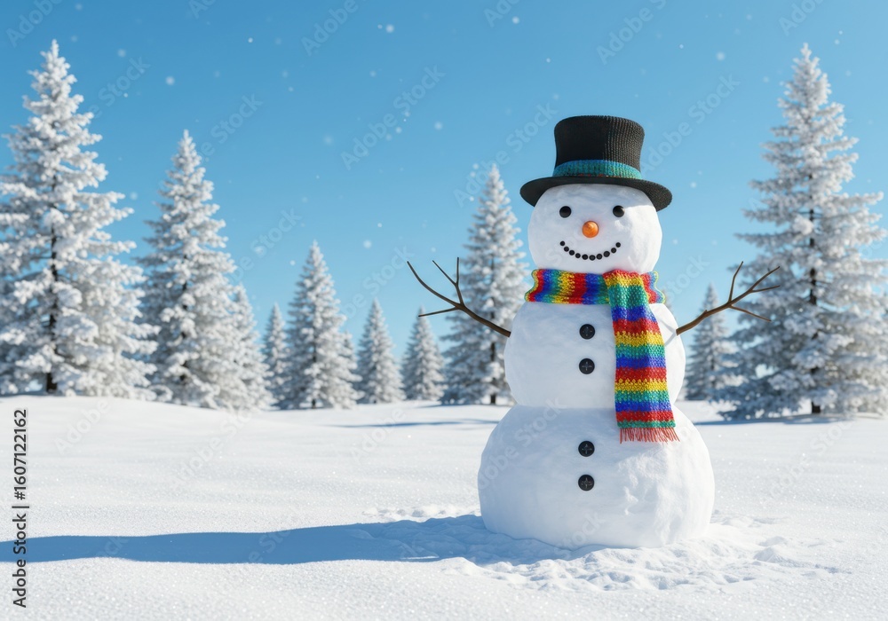 Fototapeta premium Joyful snowman wearing a top hat and colorful scarf in a snowy winter forest