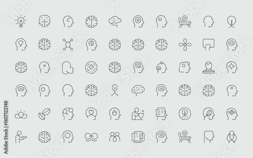 A collection of minimalist line art icons depicting brains heads and abstract concepts brain icon head icon