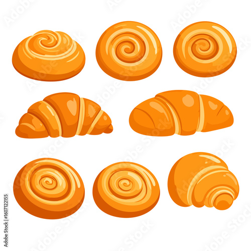 Vector illustration set of freshly baked croissants and sweet spiral buns with a glossy, golden-brown finish.