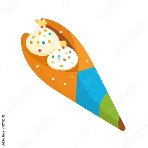 Sweet folded crepe cone with creamy filling and colorful confetti sprinkles in a vibrant paper holder.