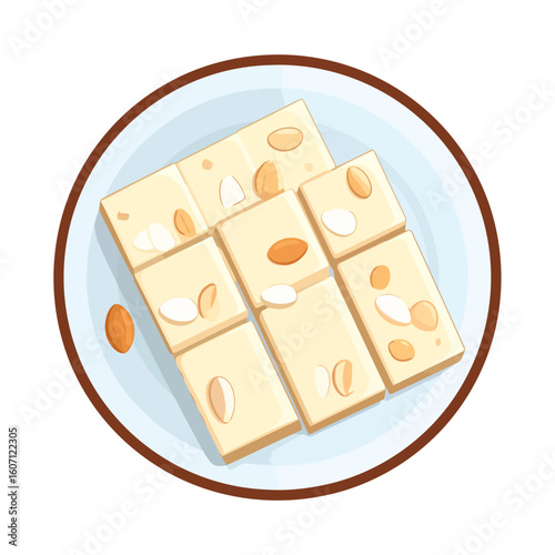 Sweet creamy halva confection cut into squares, garnished with whole and sliced almonds, served on a light blue plate.