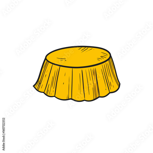Hand-drawn round table with a vibrant yellow draped tablecloth in a sketchy doodle style.