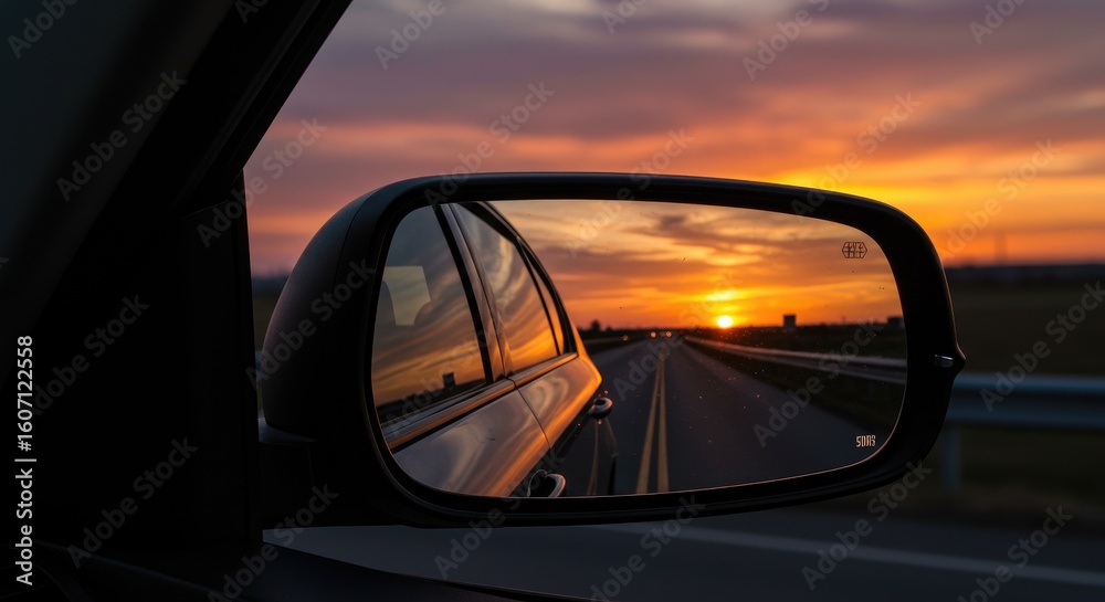 Fototapeta premium Sunset view from car mirror
