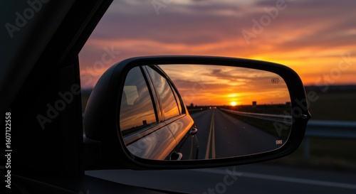 Sunset view from car mirror