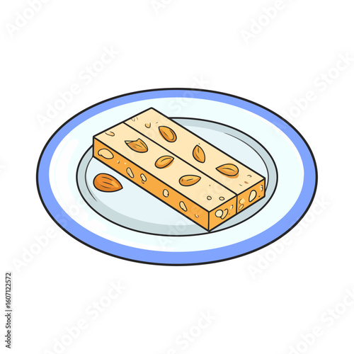 Illustrated almond nougat bars, a sweet confection with whole nuts on a ceramic plate.
