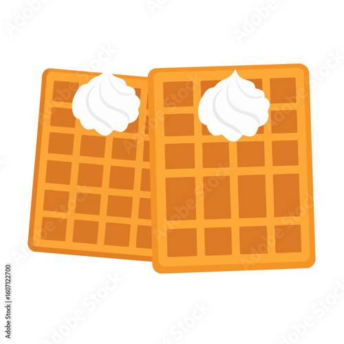Two golden-brown Belgian waffles with dollops of whipped cream, flat vector illustration.