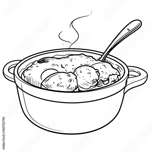 Hand-drawn sketch of a steaming hot bowl of hearty stew with meatballs and a spoon.