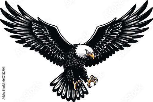 Bald eagle with talons outstretched, fierce predator mid-flight, wild raptor hunting, majestic bird of prey, dramatic feathers, intense stare, sky background, nature strength