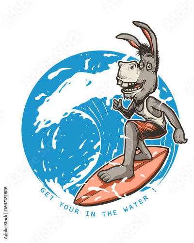 Surfing donkey cartoon character riding wave vector illustration summer fun animal surfboard design