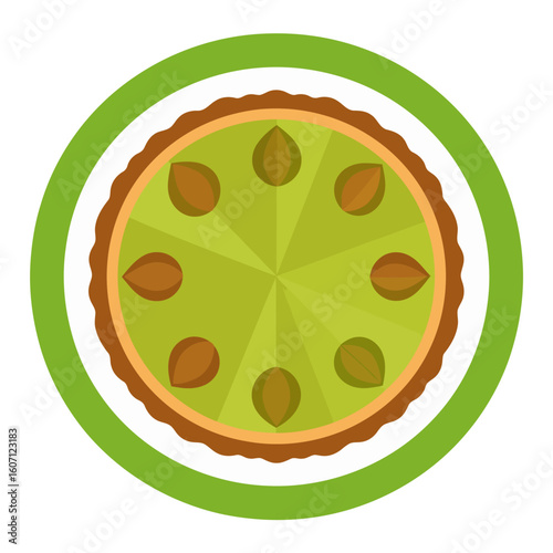 A whole green pistachio pie with a fluted crust and nut topping, top-down view vector illustration.