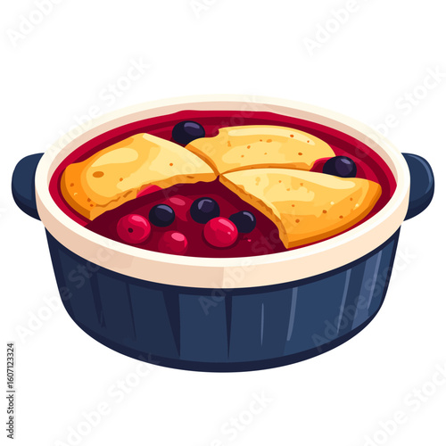 Delicious berry cobbler with a golden biscuit topping in a blue ceramic casserole dish.