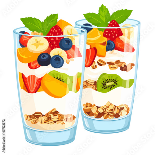 Two delicious layered fruit parfaits in tall glasses, with yogurt, granola, berries, and fresh mint garnish.