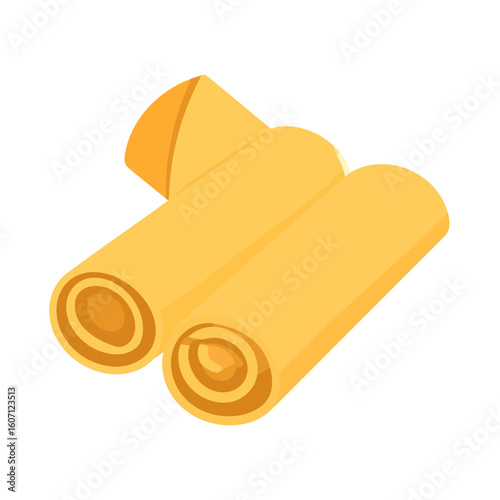Three golden yellow spring rolls, a classic Asian appetizer, shown in an isometric illustration.