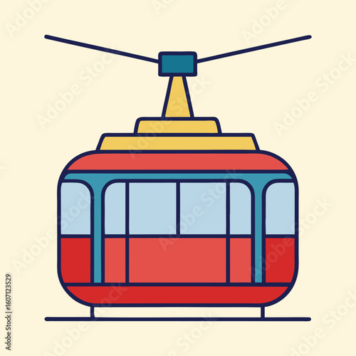 Stylized Illustration of a Red and Blue Gondola Cable Car Transportation System