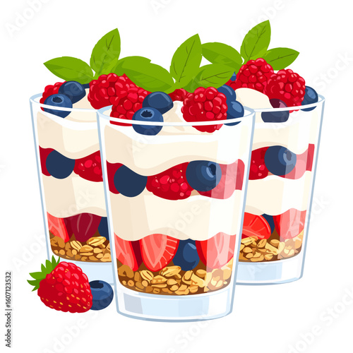 Three layered yogurt parfaits in glasses with fresh strawberries, blueberries, raspberries, granola, and mint.