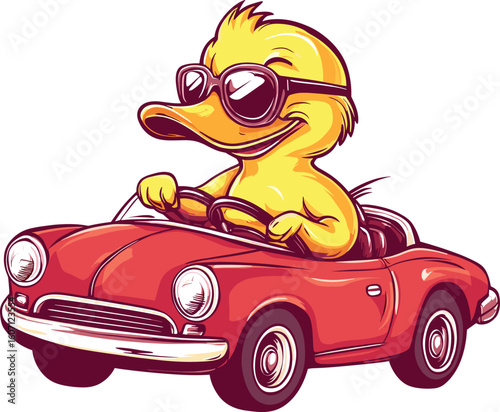 The cool Duck is driving a car while winking vector style on white background
