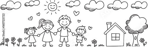 happy cartoon family with house sun clouds and flowers vector art for family and greeting cards