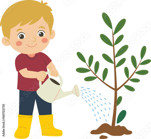 Child watering plant, gardening activity, outdoor learning, eco-friendly lifestyle, nurturing nature, kids education, environmental care, playful habits, healthy growth, fun