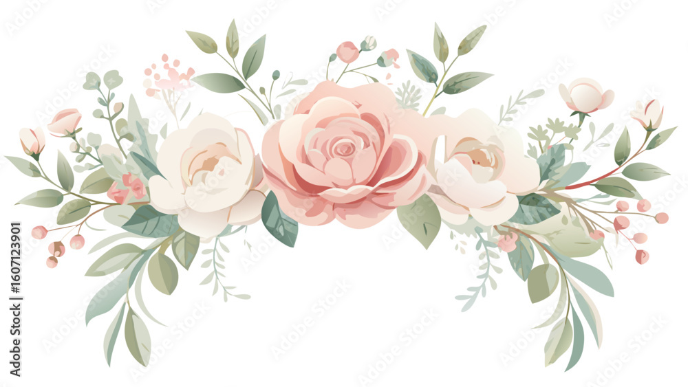 Fototapeta premium Elegant peony and rose garland with greenery and baby's breath. Soft pink and ivory tones, hand-painted in watercolor, transparent layout on white for borders and invitations
