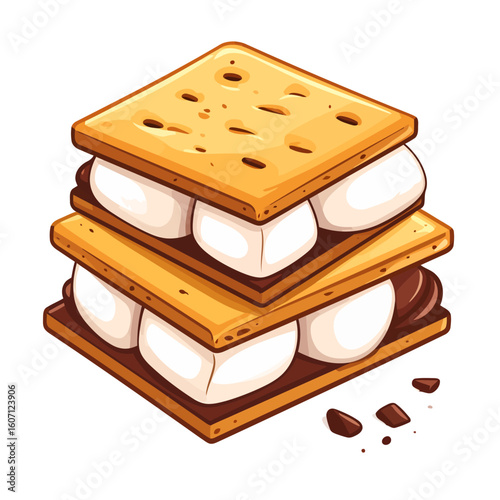 A delicious double-decker s'more cartoon with gooey chocolate, fluffy marshmallows, and graham crackers.