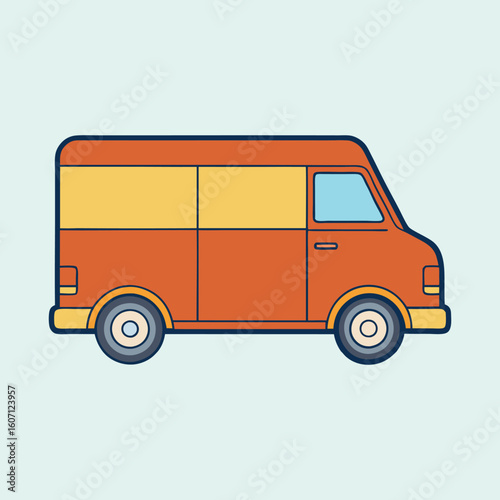 Stylized illustration of an orange and yellow delivery van against light background