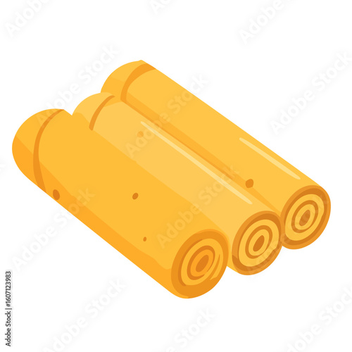 Three golden-yellow rolled pancakes or spring rolls in an isometric style.