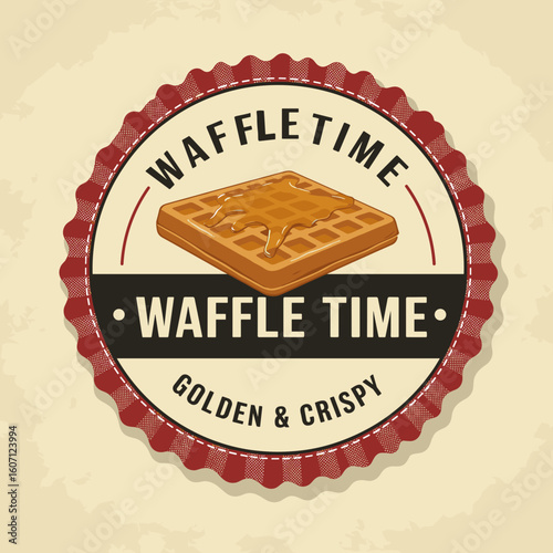 Waffle time logo with golden crispy waffle on circular badge design  