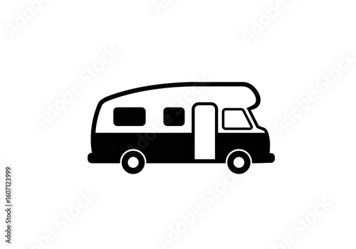 A black and white illustration of a camper van with a door and windows on a white background