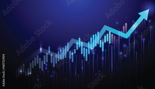 business economy growth graph stock trading investment and arrow up illustration technology blue background. market chart profit money. vector illustration hi-tech.