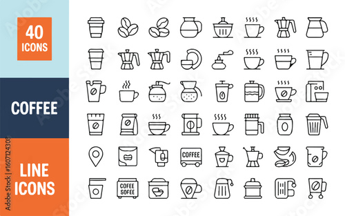 Collection of 40 thin line icons representing coffee related objects and concepts line art thin lines