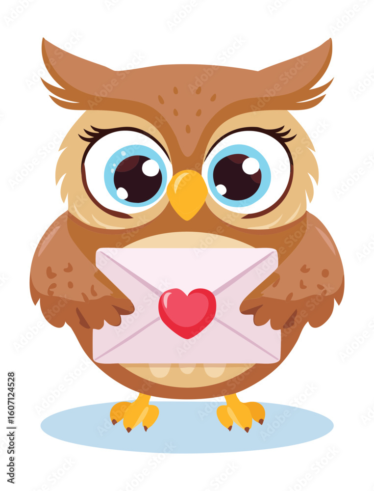 Naklejka premium Adorable Owl with a Pink Heart Envelope